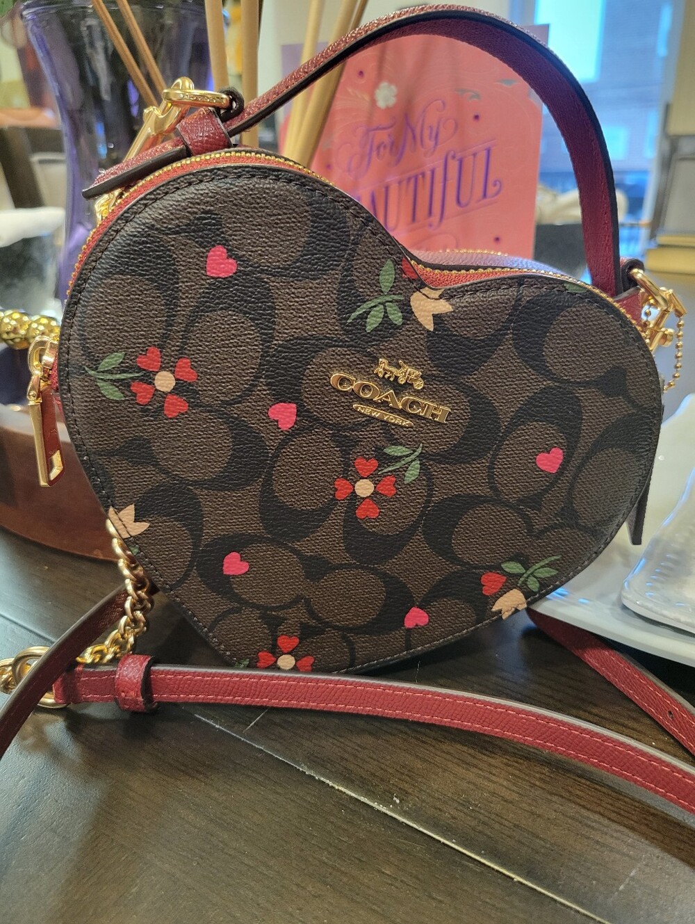 Coach Heart-Shaped Signature Canvas Mini Crossbody in Brown with Pink Accents - Picture 3 of 7
